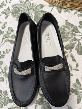 Pratesi Black Leather Rhinestone Trim Loafers for Women